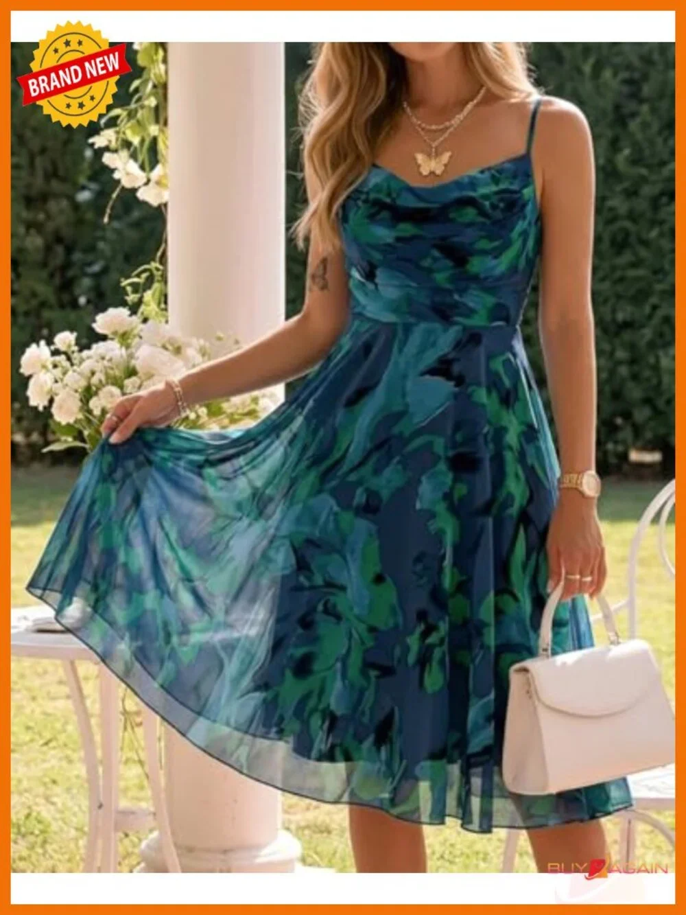 Floral Mesh Midi Dress Cowl Neck Sleeveless Cocktail Wedding Guest